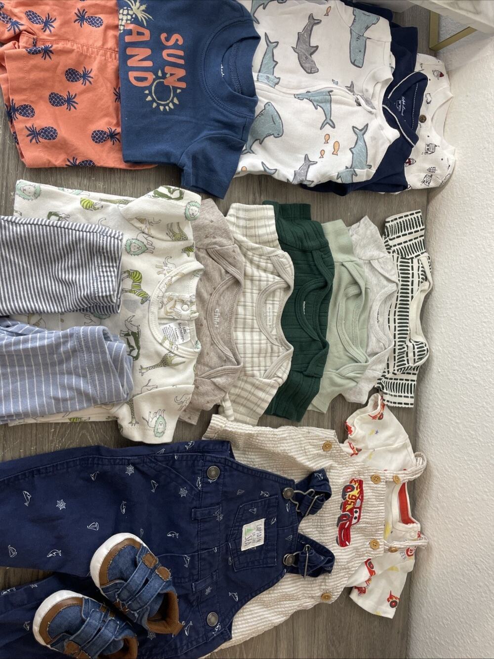 17 Pc Baby Boy Clothes Lot 3 Months Carters Overalls Rompers Shoes Set